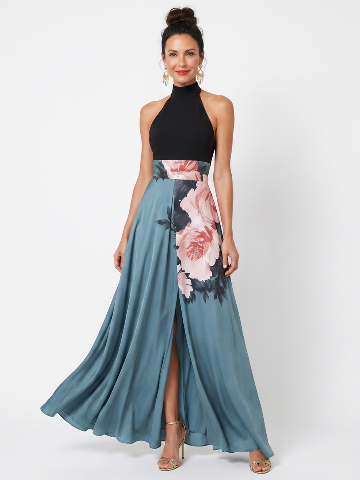 Elegant women's halter bodice floral maxi dress with chic front slit, perfect for summer & special occasions.