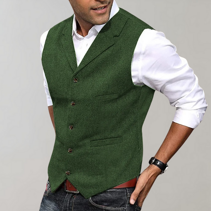 Men's elegant herringbone button-up vest. Classic tailored style for formal or smart casual wear.