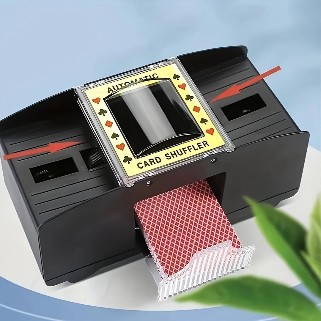 Automatic deck shuffler in action, quickly shuffling playing cards for poker, bridge & board games.