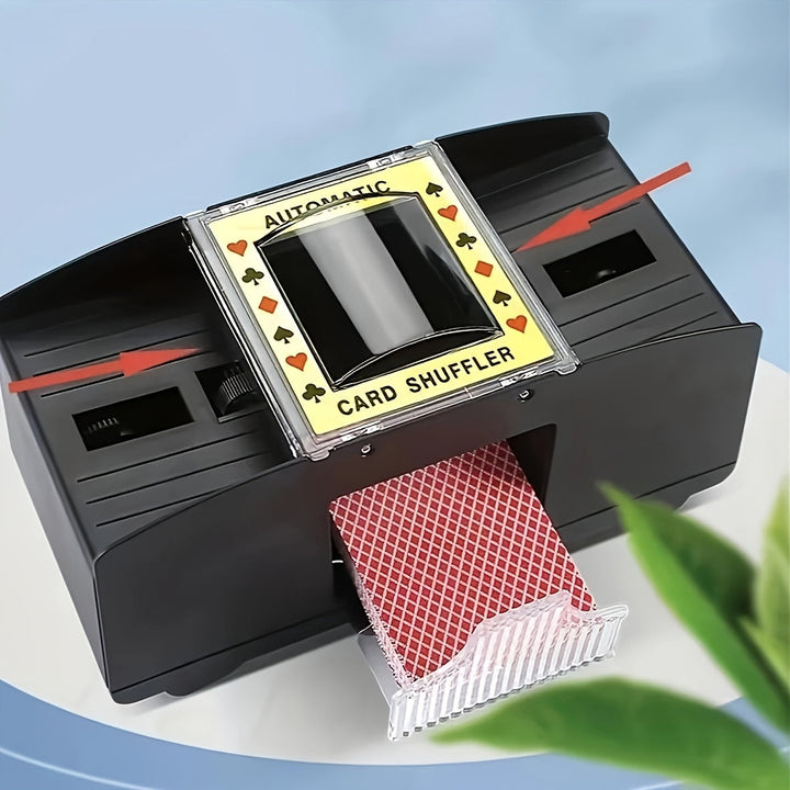 Automatic deck shuffler in action, quickly shuffling playing cards for poker, bridge & board games.