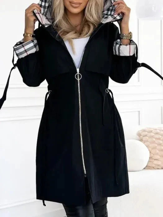 Women's sleek waterproof zip jacket with hood, ideal spring outerwear for rain protection & casual style.