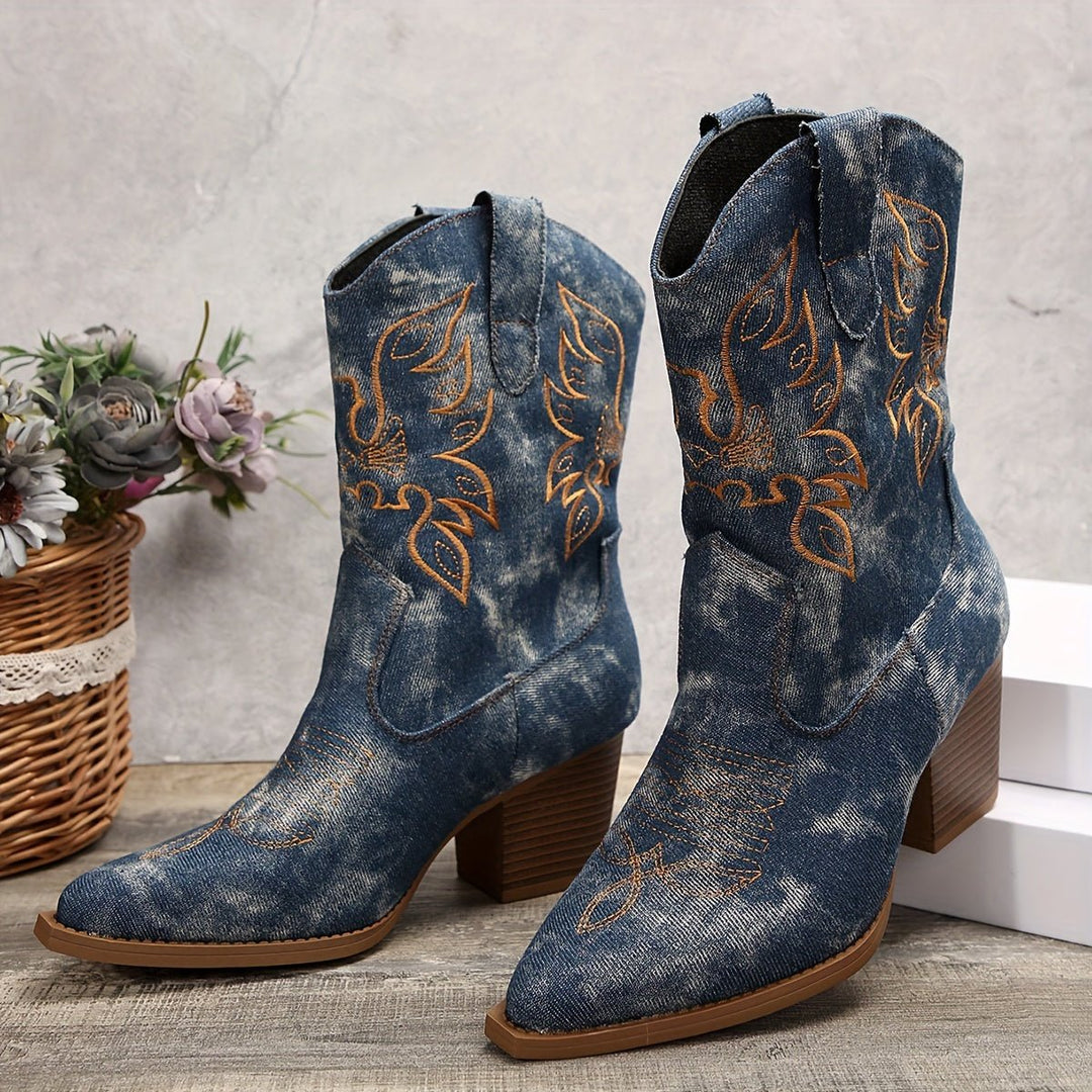Fashionable women's embroidered wide-calf cowboy boots with a block heel, great for western-inspired outfits.