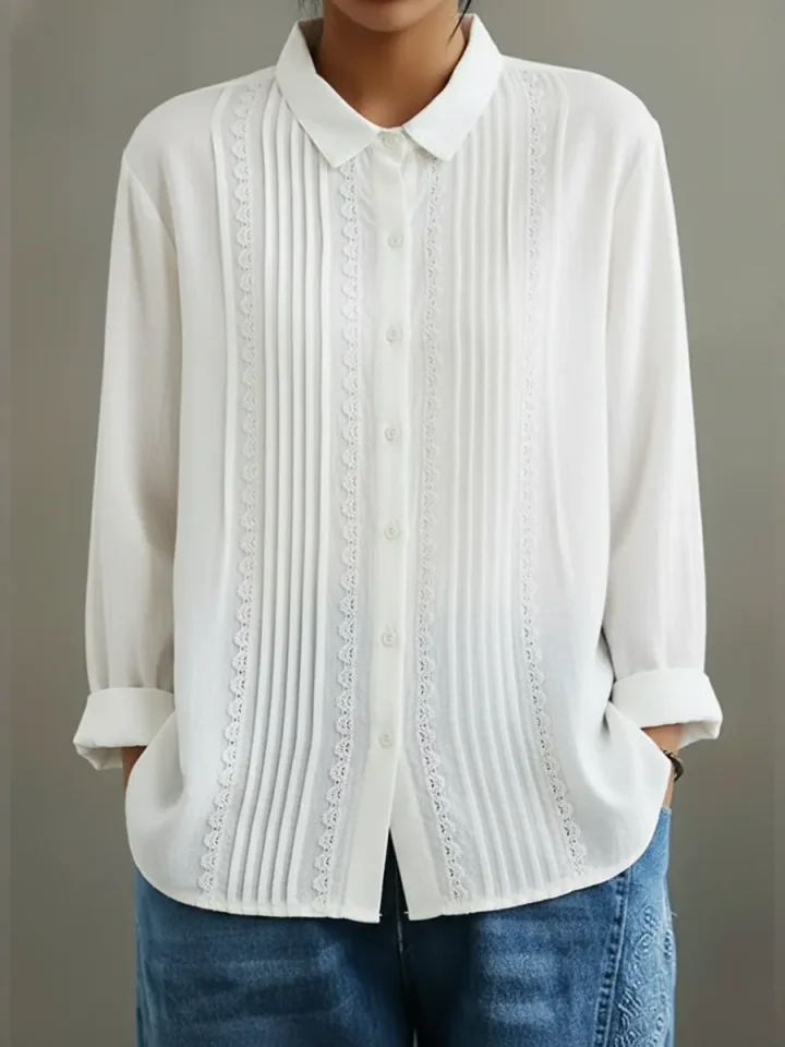 Women's Pintuck Lace Detail Button-Up Blouse