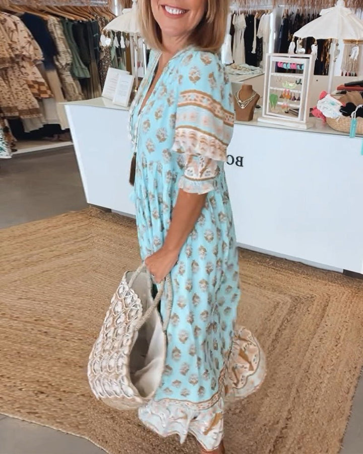Floral V-Neck Midi Dress with Flowing Fit