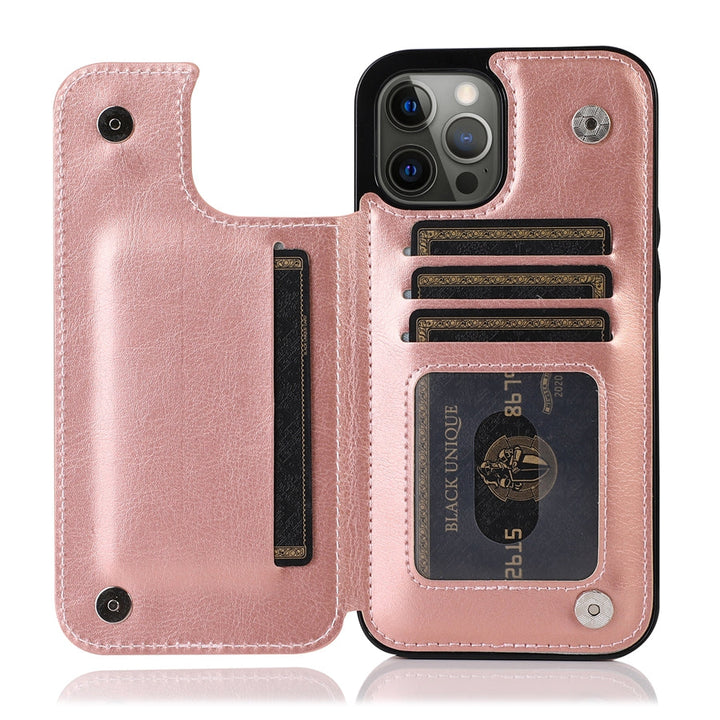 Close-up: Magnetic closure on a leather iPhone wallet case with integrated card holder.