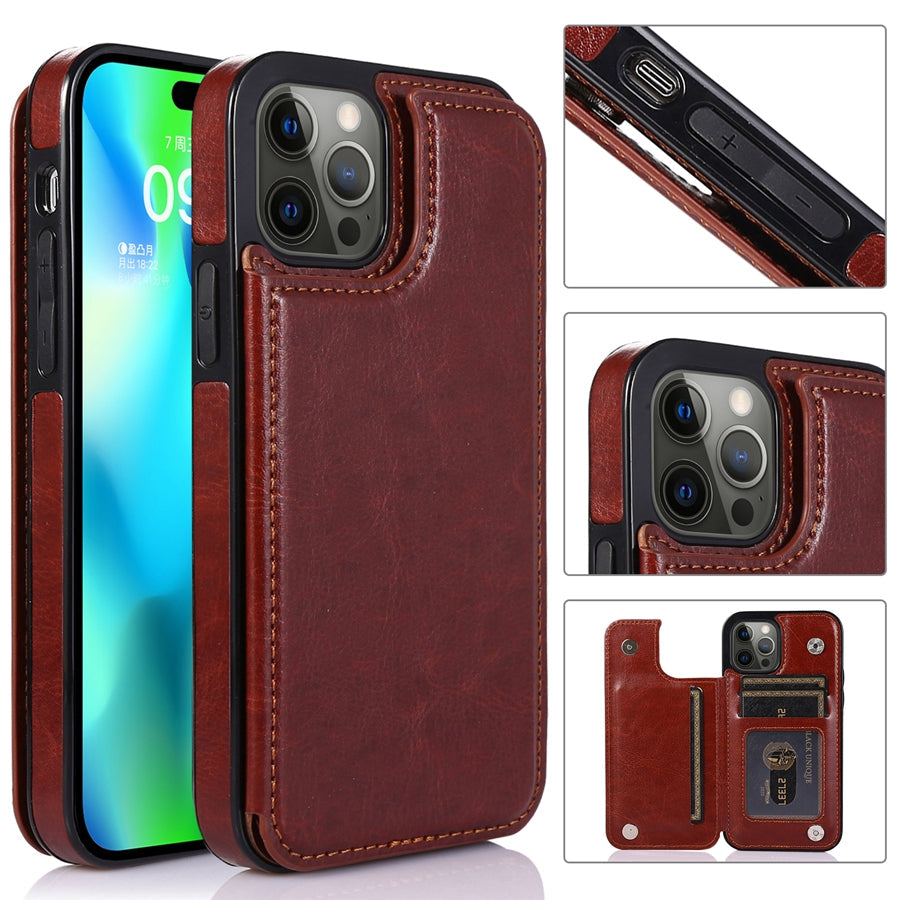 Premium leather iPhone 15 wallet case, integrated card slots & secure magnetic clasp.