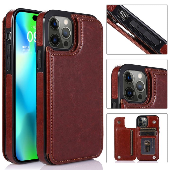 Premium leather iPhone 15 wallet case, integrated card slots & secure magnetic clasp.