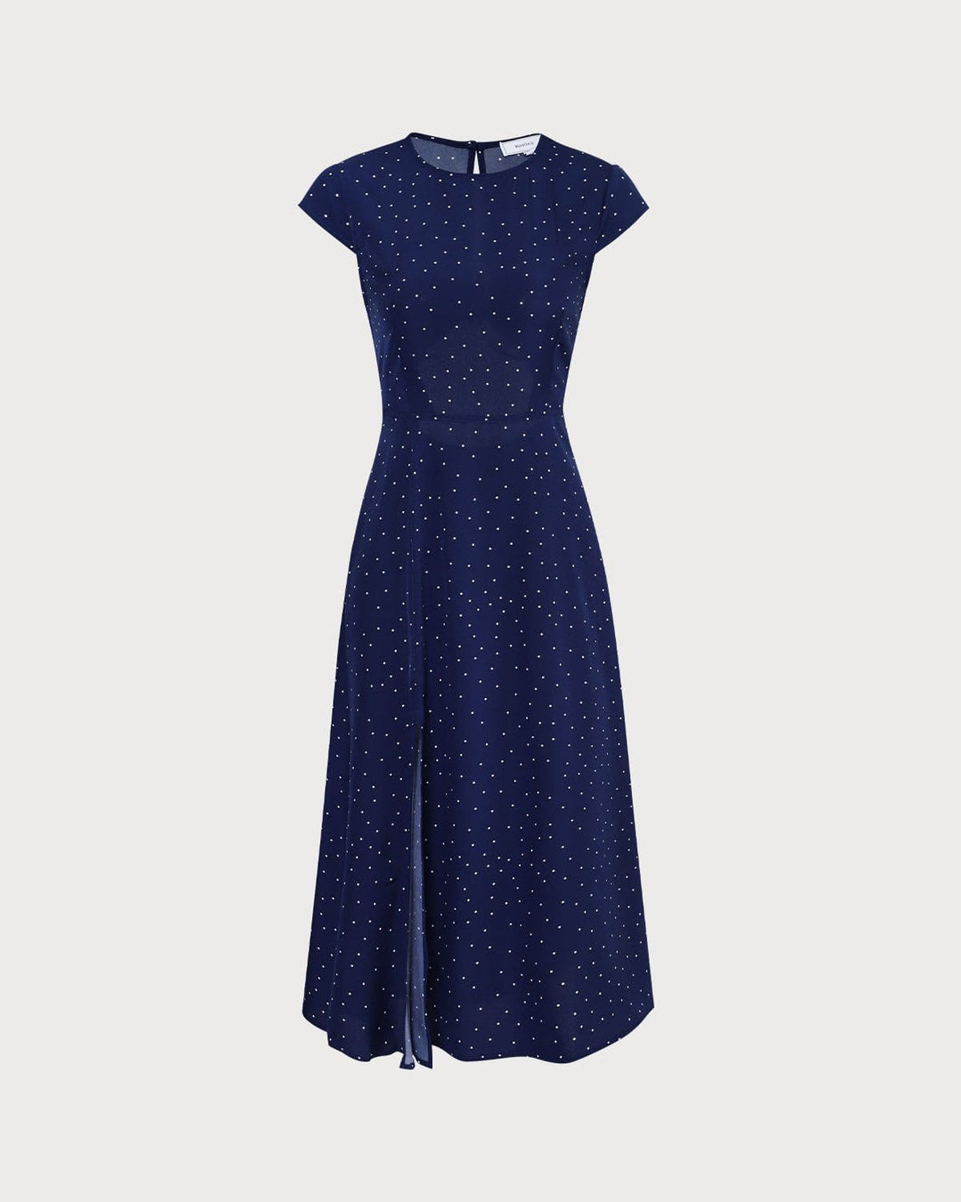 Summer-ready women's navy polka dot midi dress. Features a flattering cut-out design and comfortable A-line fit.