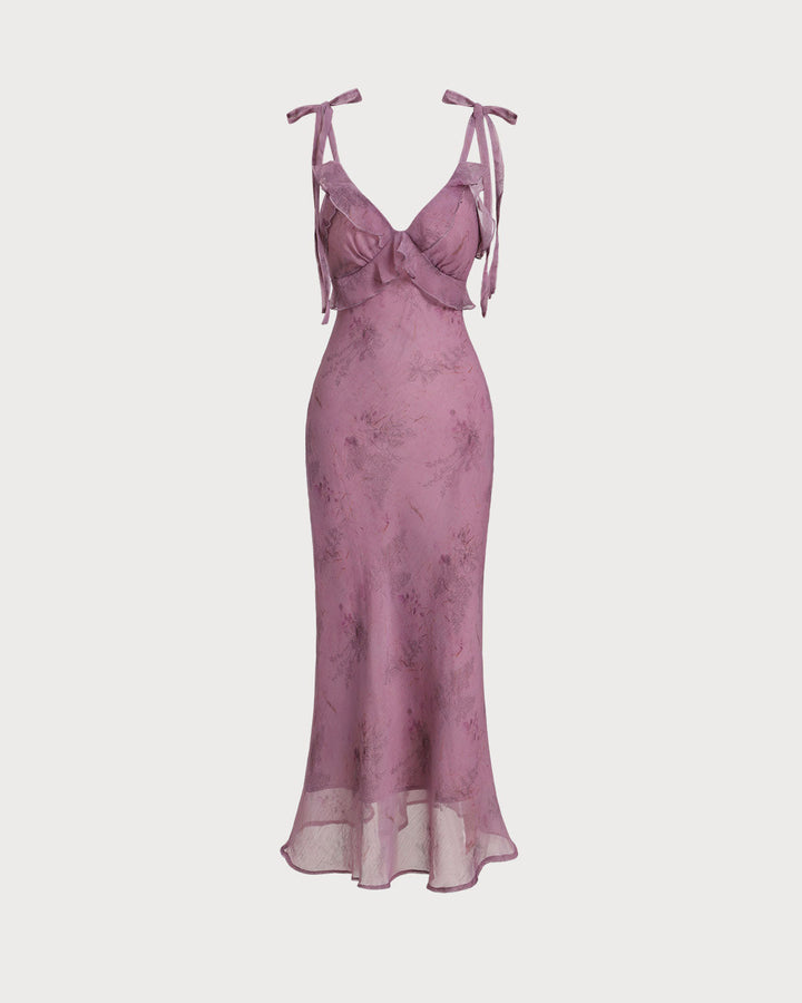 Vibrant floral print midi dress for women featuring delicate ruffles & adjustable tie-straps, summer style.
