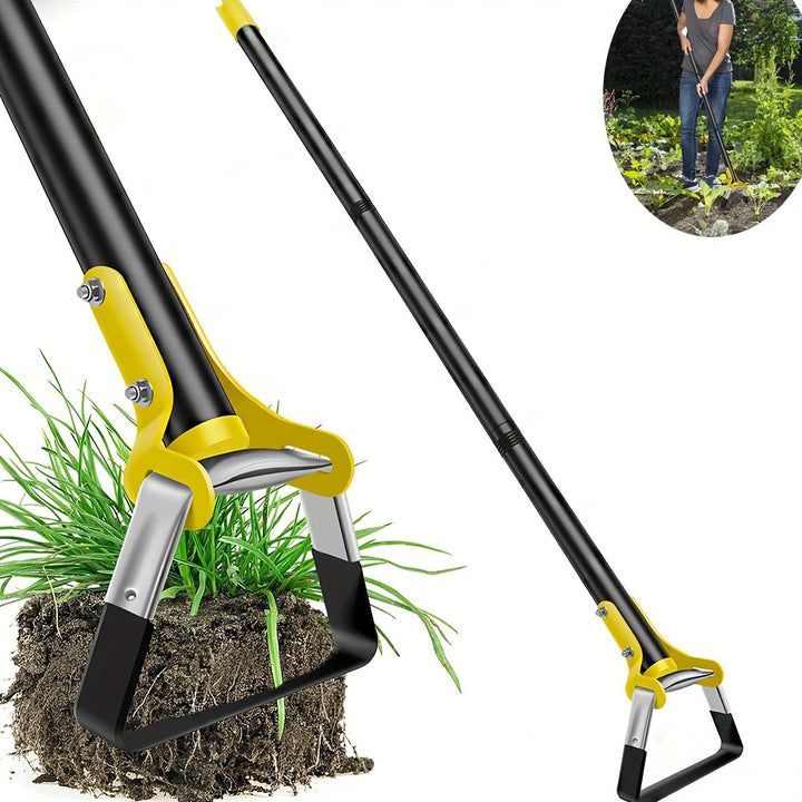 Ergonomic stainless steel garden tool for weeding, soil cultivation, and plant care.