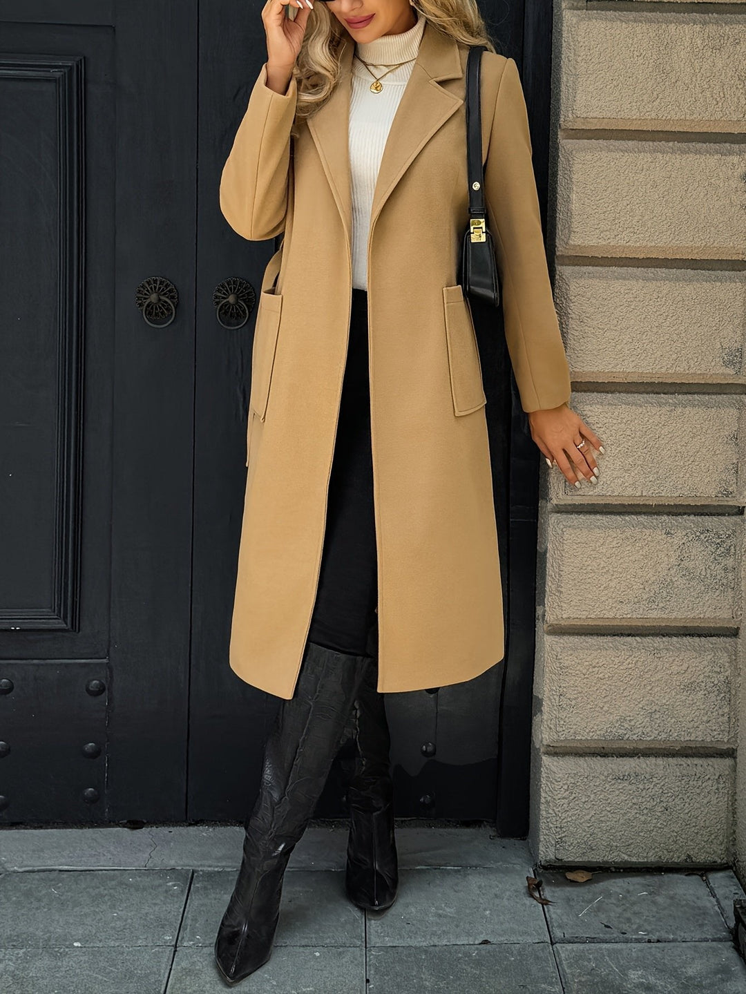 Tan women's long belted trench coat. Timeless tailored outerwear for classic fall and spring fashion.