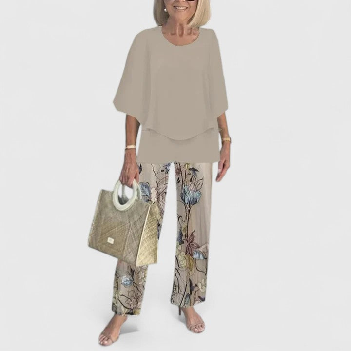 Elegant women's two-piece outfit for summer. Versatile co-ord set with a relaxed fit top & trousers.