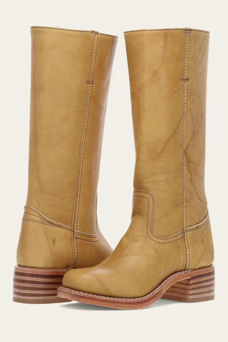 Light brown leather women's long boots, timeless elegance, comfortable block heel.