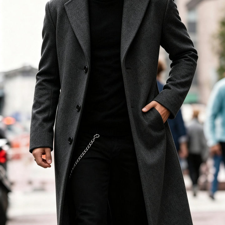 Men's tailored classic long trench coat, versatile for autumn & winter sophisticated style.