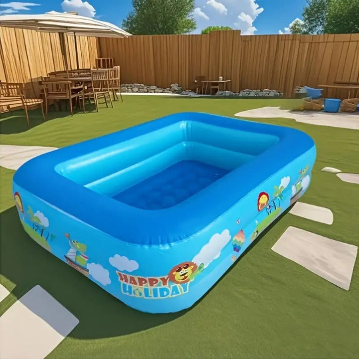 Close-up of the playful ocean theme design on a thick PVC inflatable children's splash pool for outdoor fun.