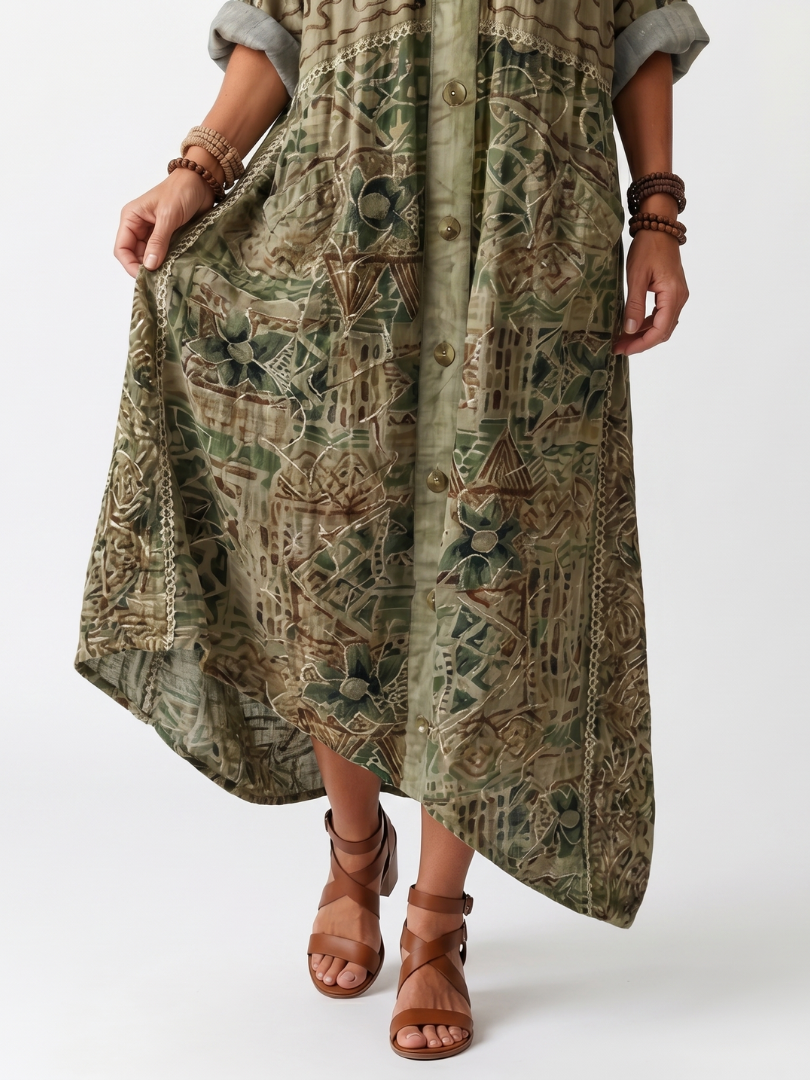 Button-front V-neck midi dress for women, with intricate embroidery and practical pockets. Ideal casual summer dress.