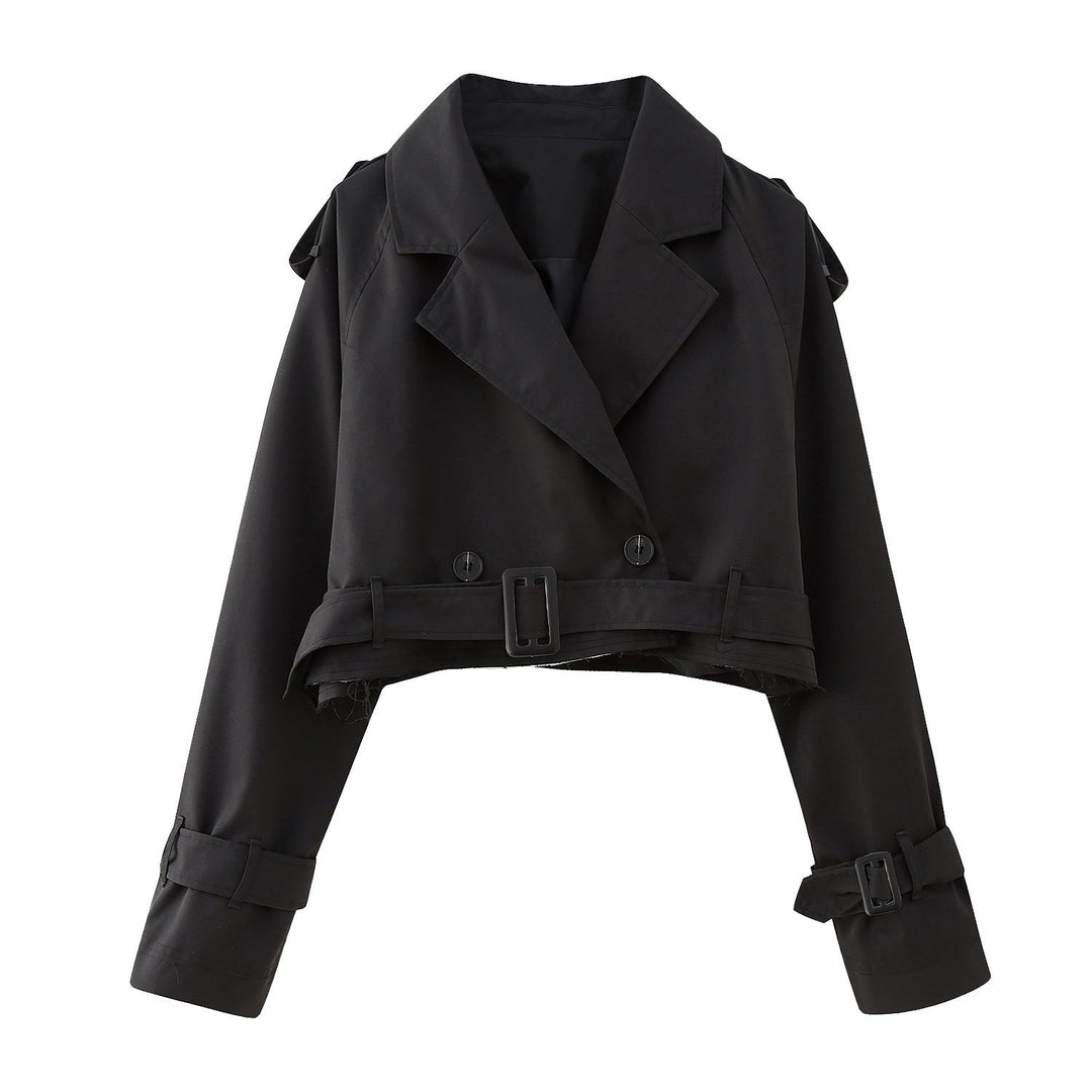 Elegant women's cropped trench fashion jacket, featuring a stylish belt. Ideal for chic outerwear & transitional weather.