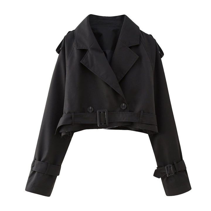 Elegant women's cropped trench fashion jacket, featuring a stylish belt. Ideal for chic outerwear & transitional weather.
