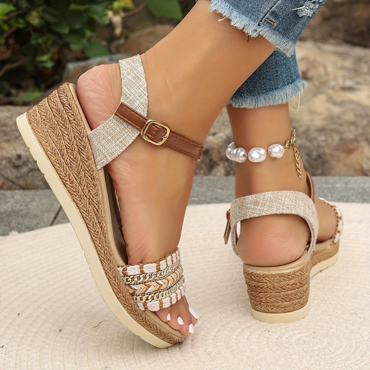 Stylish boho woven platform sandals for women. Comfortable, casual khaki wedges with secure adjustable straps.