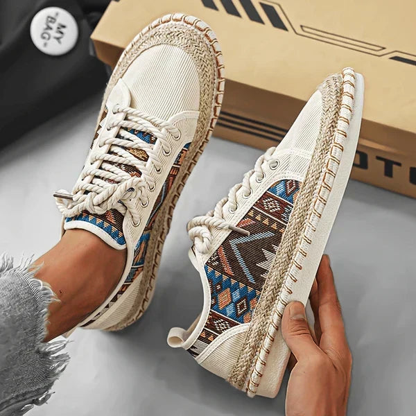 Distinctive men's casual sneakers with colorful Aztec print, perfect for unique fashion.