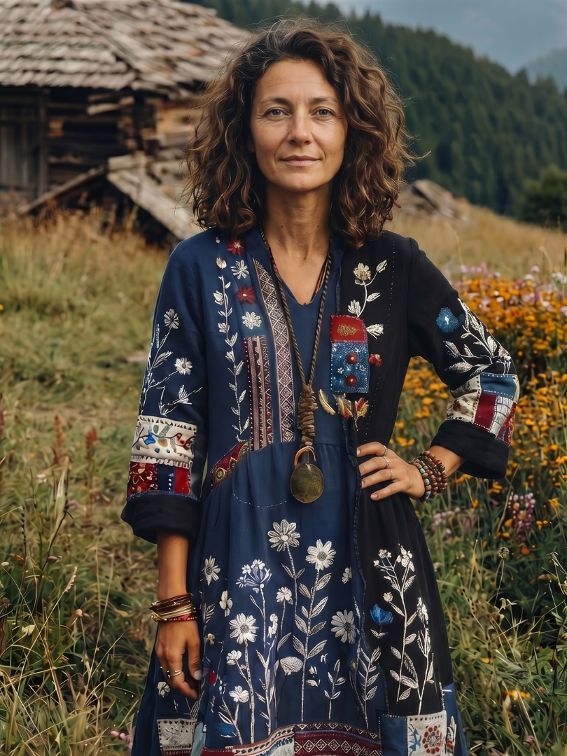 Women's boho elegant midi dress with intricate embroidered panel details & long sleeves. Comfortable & stylish.