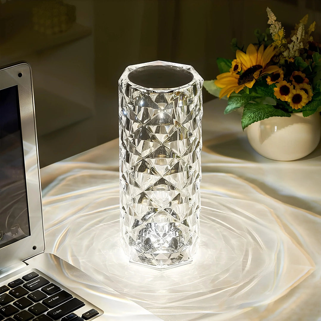 Elegant crystal touch lamp with remote, dimmable color-changing LED for modern home decor.