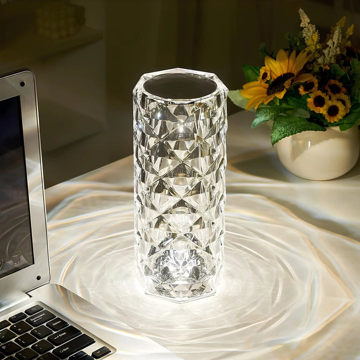 Elegant crystal touch lamp with remote, dimmable color-changing LED for modern home decor.