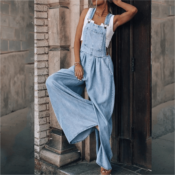 Women's Wide-Leg Denim Dungaree Jumpsuit