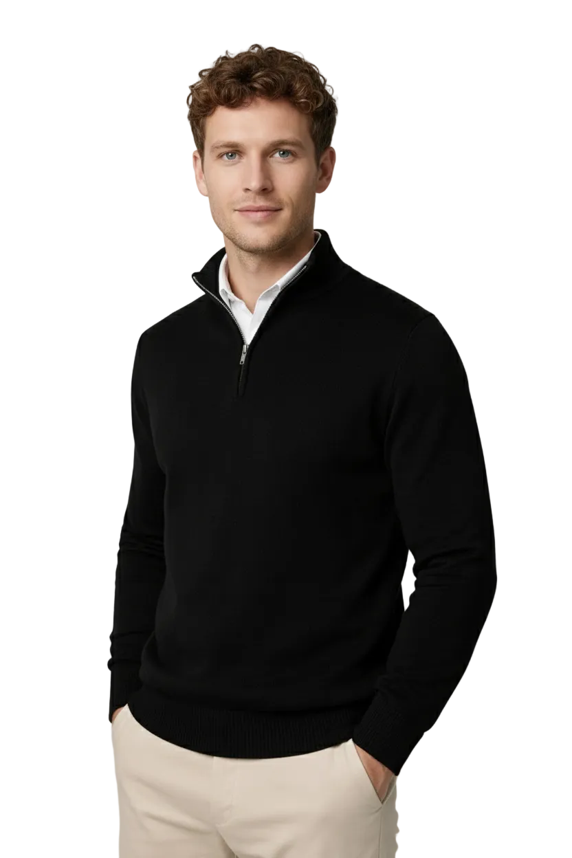 Men's modern half zip high neck sweater, stylish & comfortable for casual or smart casual looks.