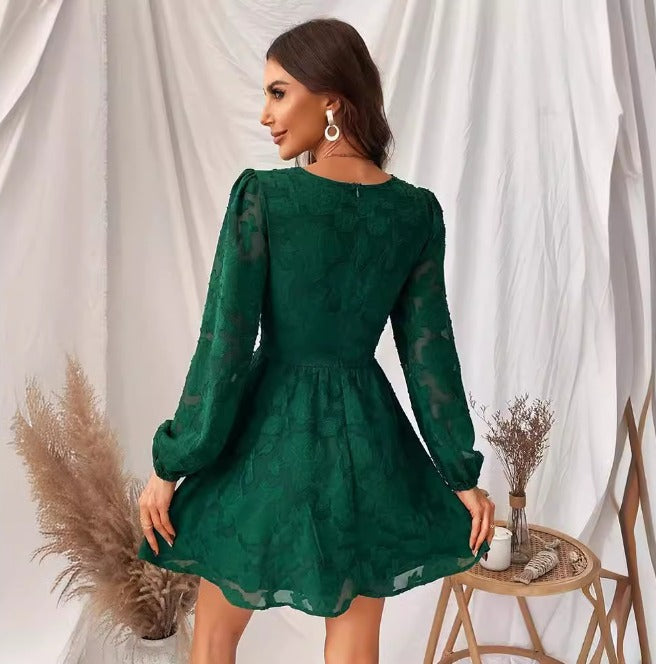 Elegant women's short dress with stylish puff sleeves and a chic V-neck, perfect for parties and special occasions.