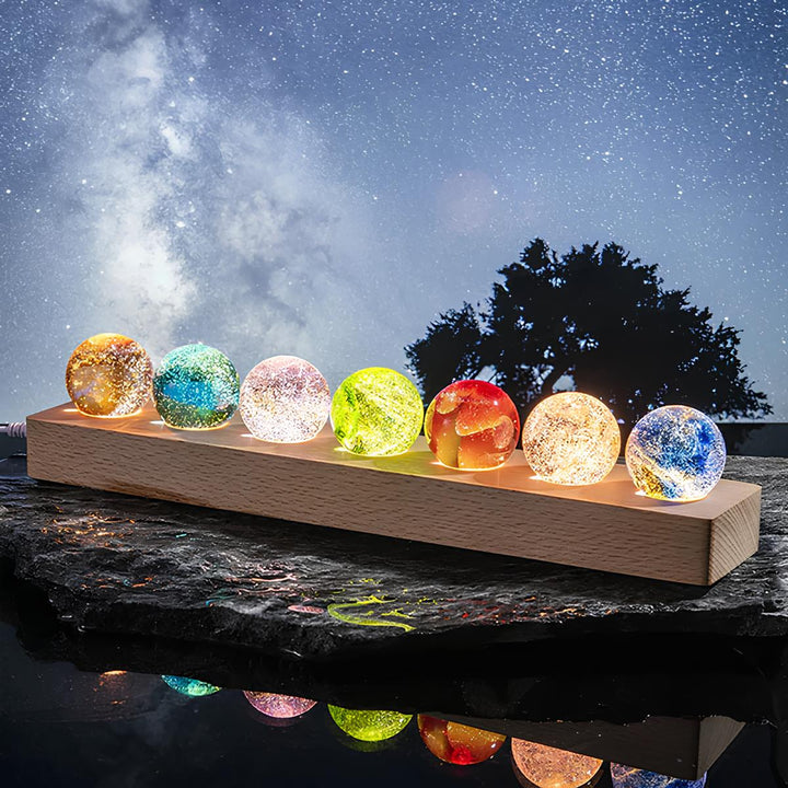 Nvroome Lights crystal galaxy orb LED lamp on wooden base, USB powered for ambient home decor.
