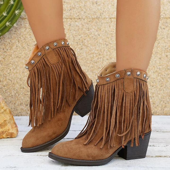 Chic women's wide-calf fringe cowboy boots. Perfect western footwear for fall fashion, casual or everyday wear.