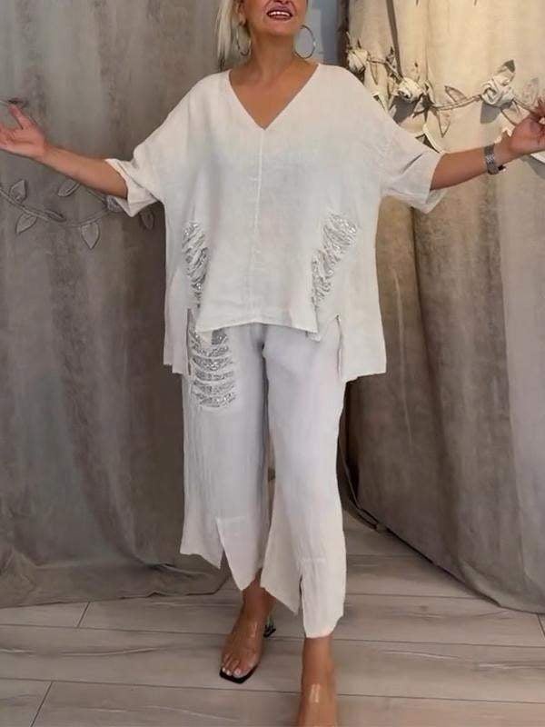 Women's V-Neck Top & Wide Leg Pants Set