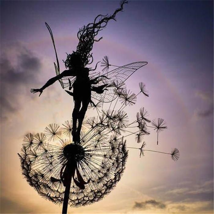 EnchantaLuxe metal fairy garden stake. Unique handmade landscape sculpture & enchanting outdoor yard ornament.
