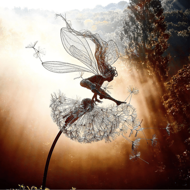 Handmade metal fairy stake, an elegant garden sculpture & enchanting yard ornament. Ideal outdoor decor gift.