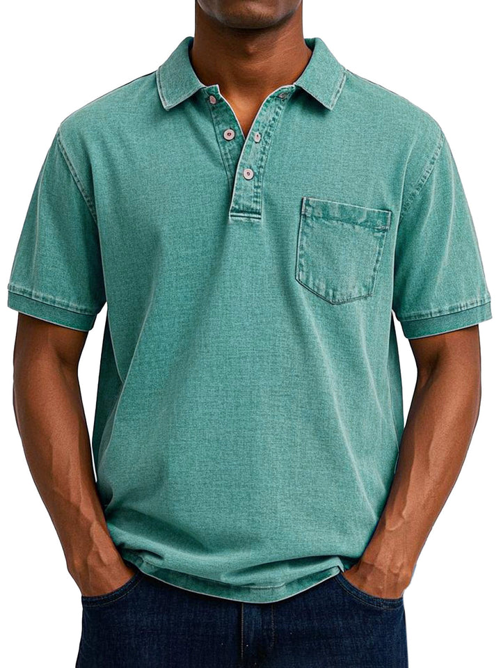 Classic men's short-sleeve polo shirt with vintage design, perfect for comfortable retro fashion.