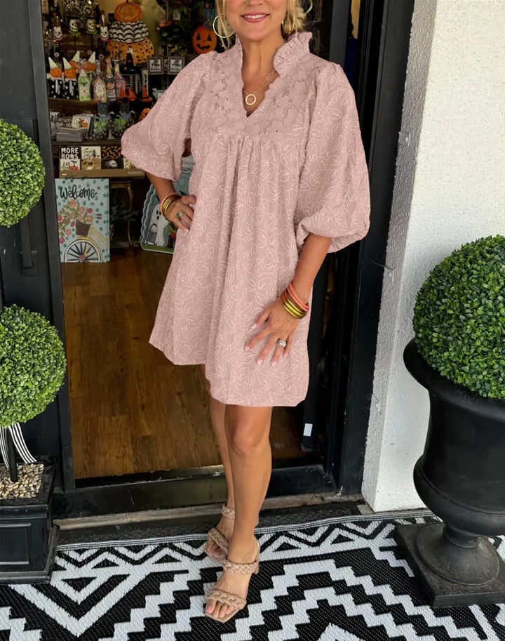 Women's Jacquard Mini Dress with V-Neck and Puff Sleeves