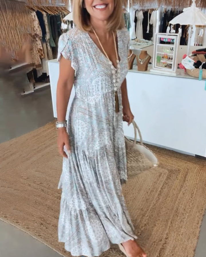 Elegant V-Neck Dress in White, Rosa, Blue