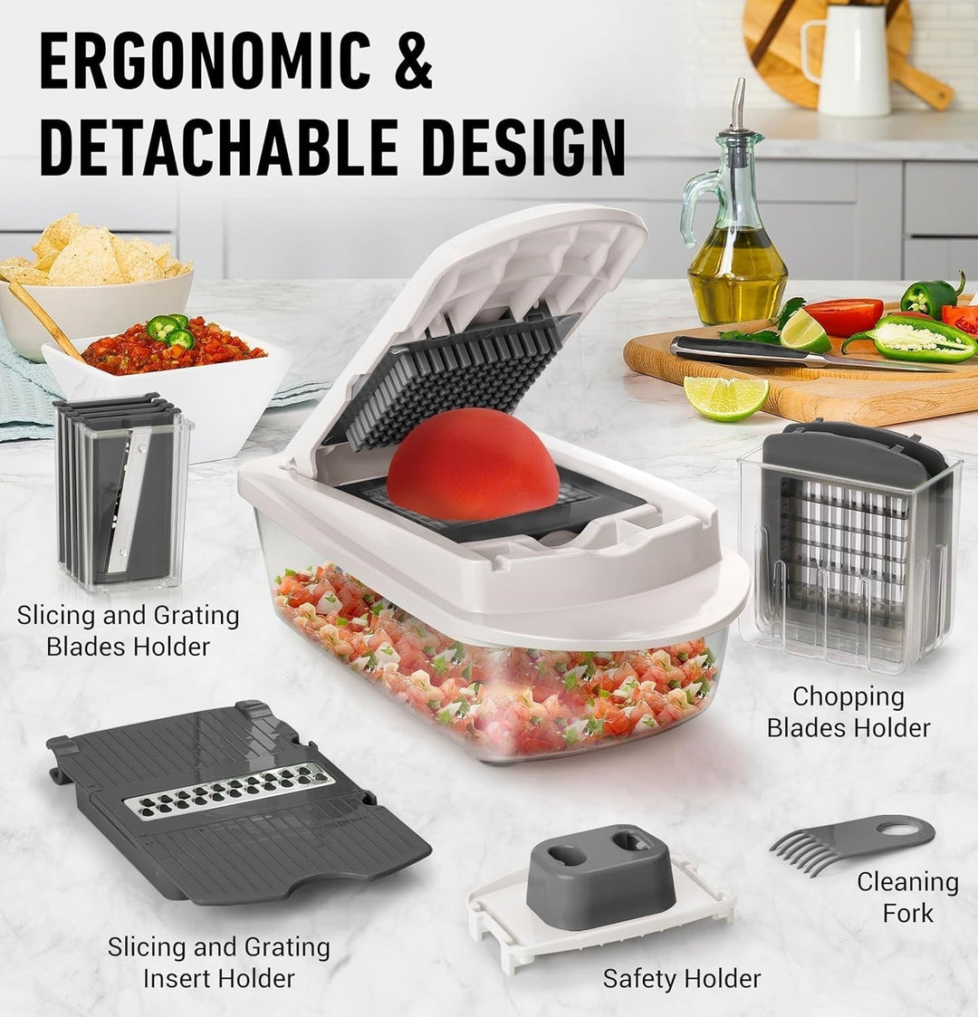 Versatile kitchen gadget: 8 interchangeable blades for slicing, grating, and julienning various vegetables.
