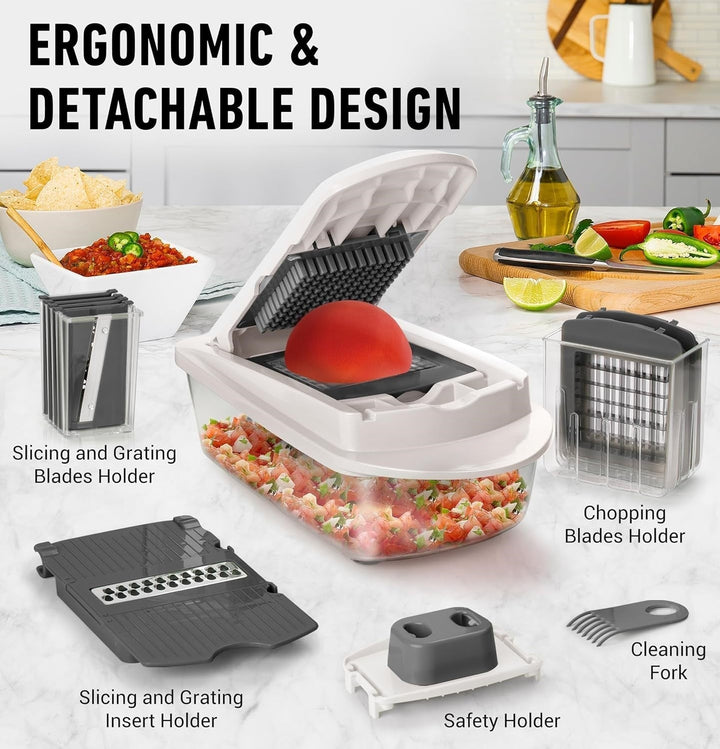 Versatile kitchen gadget: 8 interchangeable blades for slicing, grating, and julienning various vegetables.