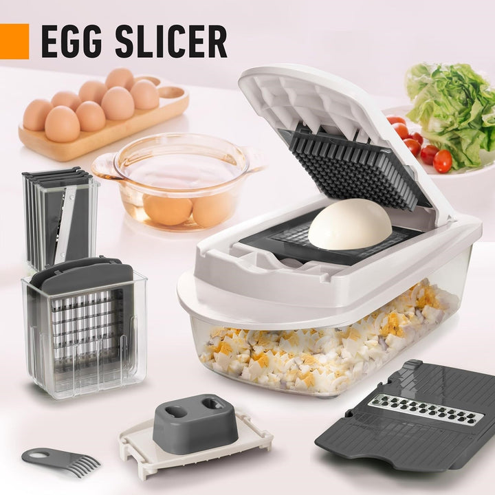 Easy-to-clean 10-in-1 vegetable slicer, perfect for healthy meal prep, dicing fruits and chopping veggies.