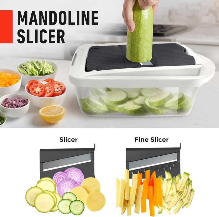Compact 10-in-1 kitchen gadget, combining a vegetable slicer, food chopper, grater, and fruit cutter.