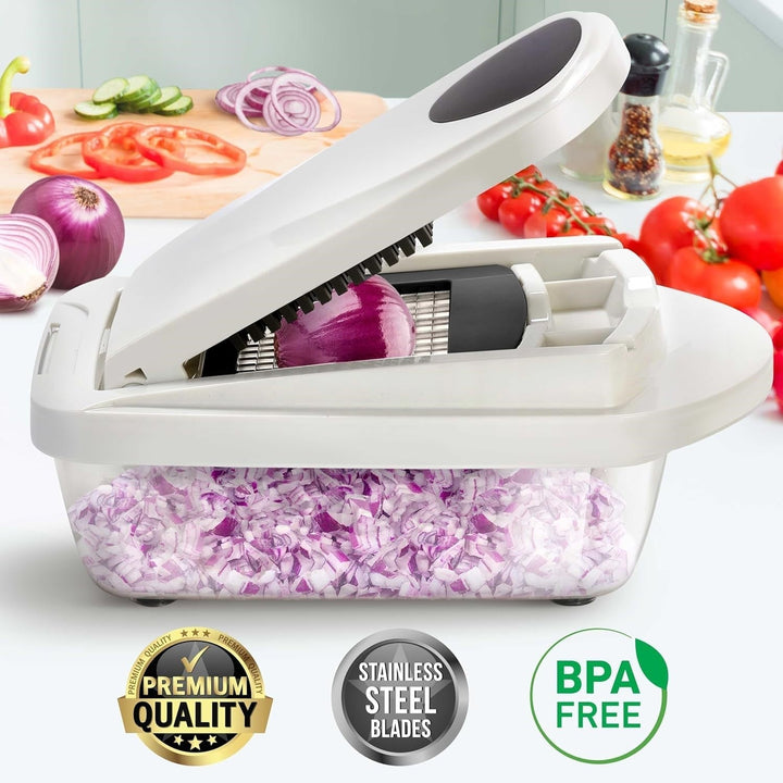Efficient fruit cutter and vegetable grater with multiple blades for fast, healthy, and easy meal preparation.