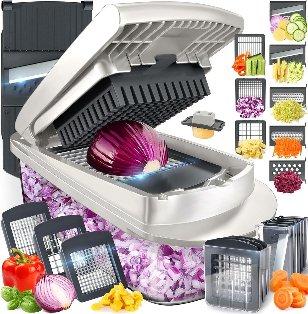 10-in-1 vegetable slicer with 8 blades for fast and efficient meal prep, dicing, chopping, and grating.