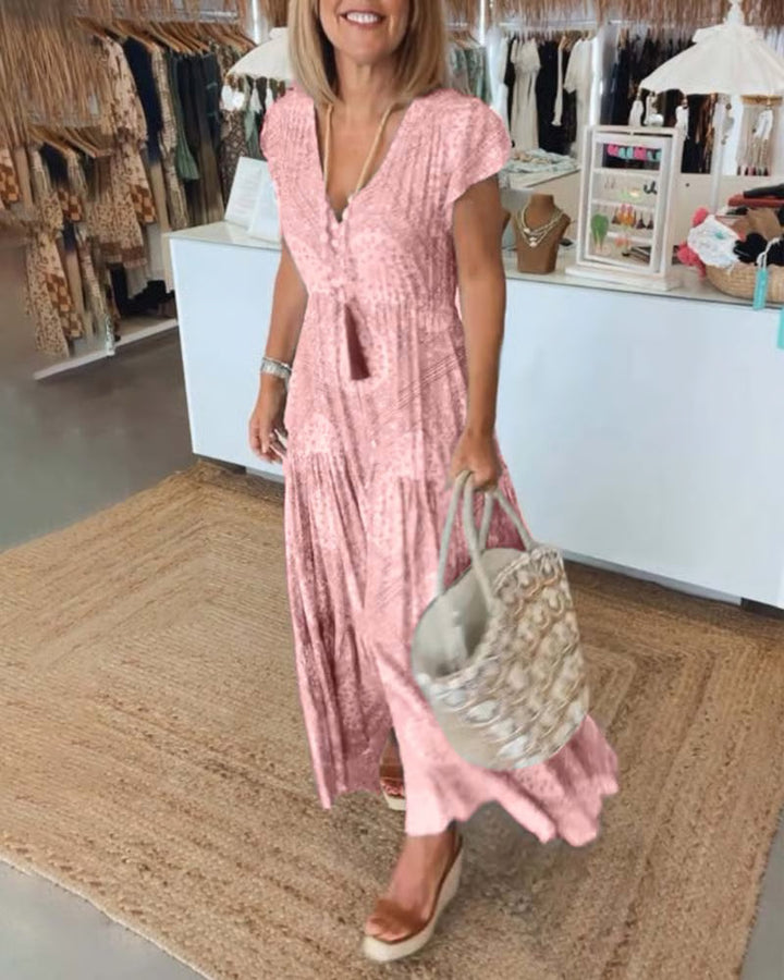 Elegant V-Neck Dress in White, Rosa, Blue