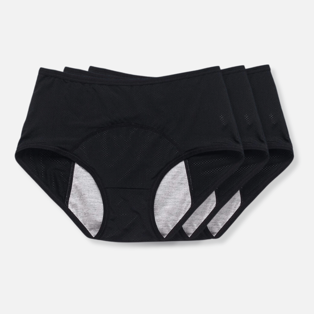 Discreet black leak-proof period panties for women, offering comfortable and reliable protection against leaks.