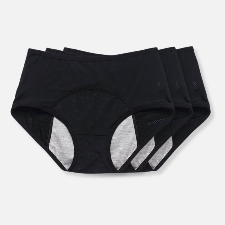Discreet black leak-proof period panties for women, offering comfortable and reliable protection against leaks.