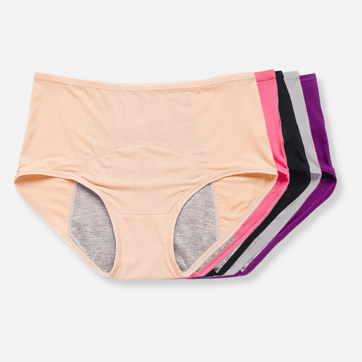 Beige leak-proof women's underwear with odor control, ensuring confidence & comfort for daily protection.