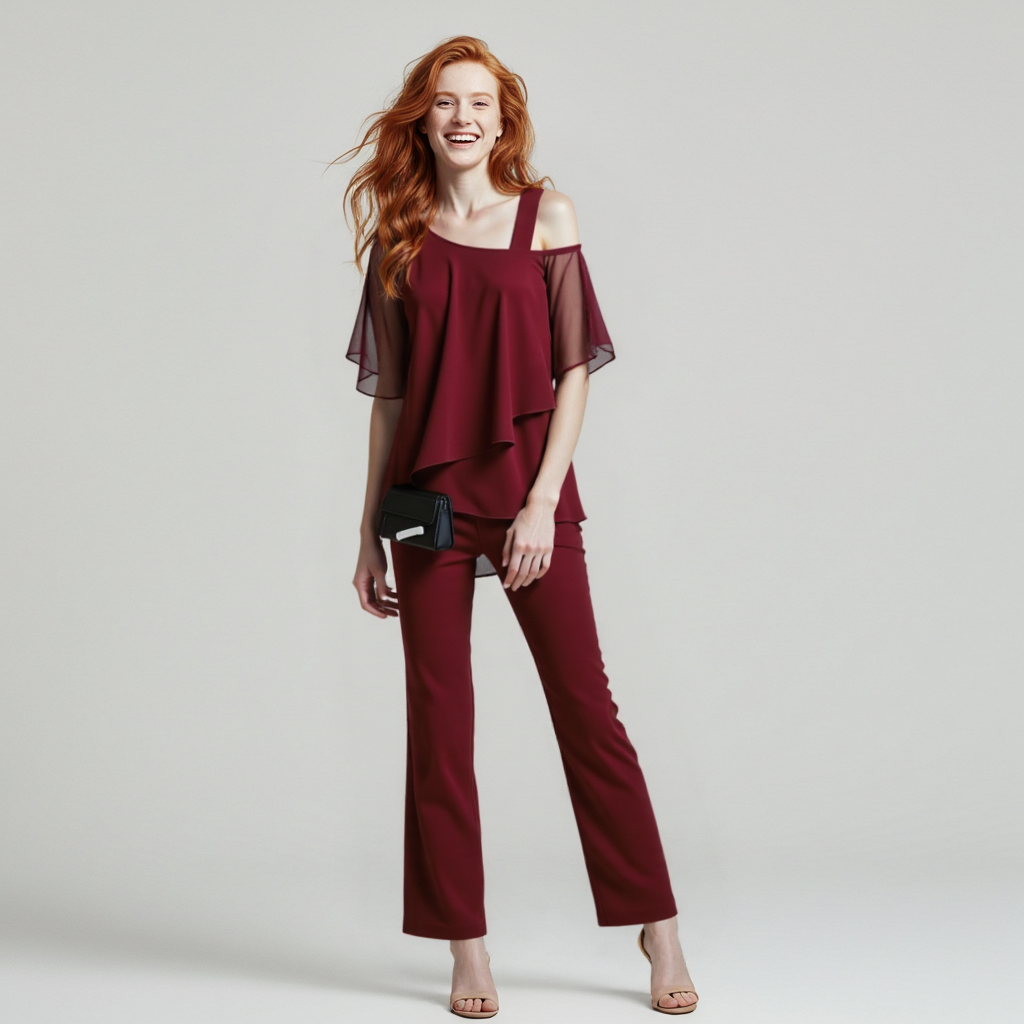 Women's elegant cold-shoulder outfit, a comfortable and stylish two-piece set for any occasion.