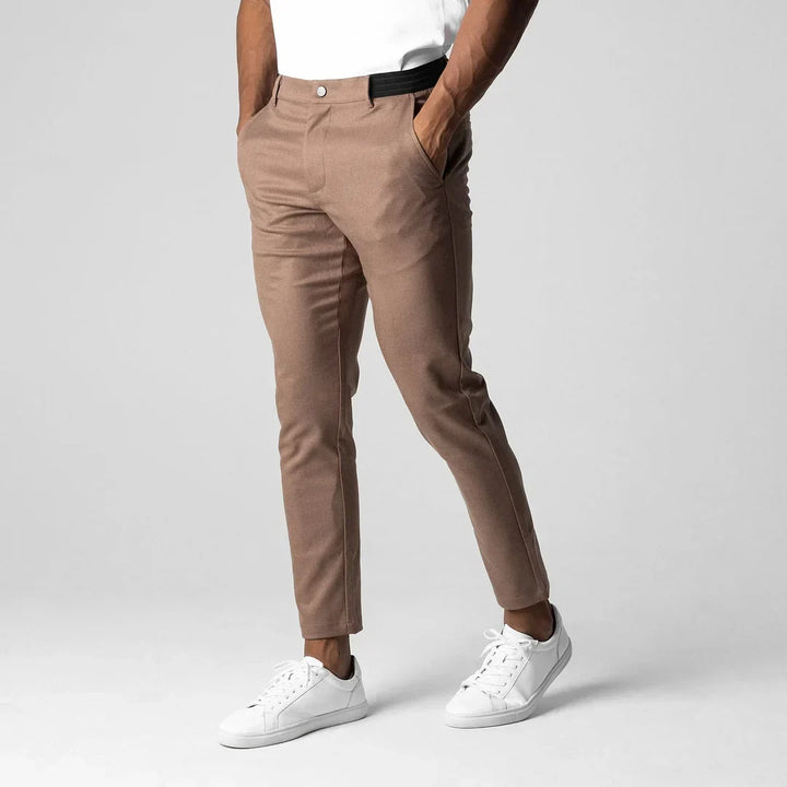 Tan casual stretch chinos, essential for versatile men's fashion and comfort.
